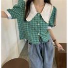 Contrast Collar Plaid Cropped Blouse