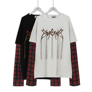 Plaid Sleeve Embroidery Top
