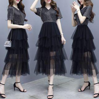 Short-sleeve Glitter Midi A-line Tiered Dress