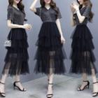 Short-sleeve Glitter Midi A-line Tiered Dress