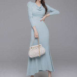 Long-sleeve Draped Knit Midi Mermaid Dress