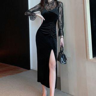 Set: Lace Long-sleeve Top + Spaghetti Strap Slit Midi Bodycon Dress