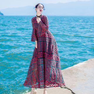 Long-sleeve Patterned A-line Midi Sun Dress
