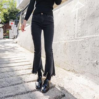 Fringe-hem Color-block Boot-cut Jeans