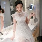 Cap-sleeve Striped A-line Mesh Dress
