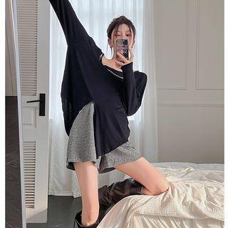 Long-sleeve Off-shoulder Chain Accent Top / High-waist Shorts