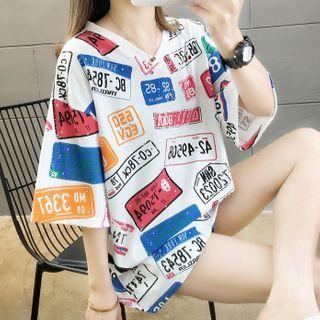 Elbow-sleeve Lettering Print V-neck T-shirt