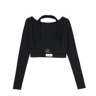 Set: Buckled Long-sleeve Cropped Top + Halter Tank Top
