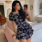Puff-sleeve Square-neck Mini Floral Dress