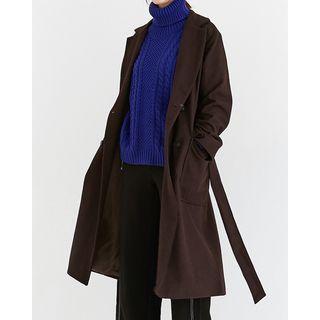 Double-breasted Wool Blend Long Coat With Sash
