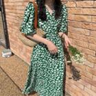 Short-sleeve V-neck Lace-up Floral Dress Green - One Size
