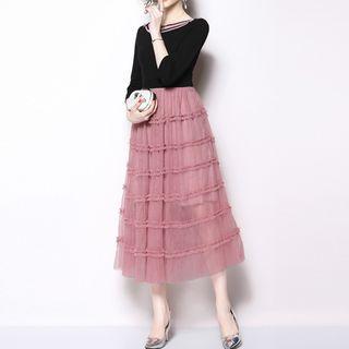 3/4-sleeve Tiered Midi Sheer Dress