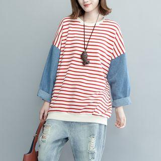 Striped Panel Round-neck Sweatshirt Red - Stripe - L