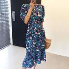 Floral Elbow-sleeve Midi A-line Dress Blue - One Size