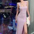 Wide Strap Slit Midi Bodycon Dress