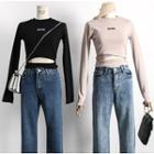 Cutout-hem Embroidered Cropped T-shirt