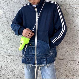 Striped Denim Panel Zip Jacket