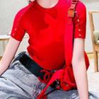 Short-sleeve Plain Knit Top Red - Xs
