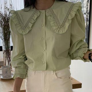 Doll-collar Button-up Blouse Green - One Size