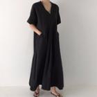 Plain Elbow-sleeve Maxi A-line Dress