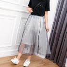 Sheer Overlay Midi Pleated Skirt