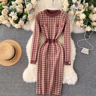 Long-sleeve Houndstooth Knit Midi Bodycon Dress
