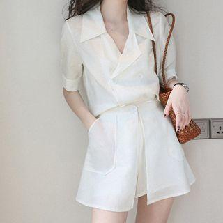 Set: Short-sleeve Double Breasted Plain Shirt + Plain Layered Shorts