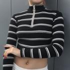 Long-sleeve Mock Neck Striped Cropped T-shirt