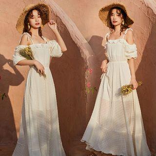 Elbow-sleeve Cold Shoulder Maxi A-line Dress