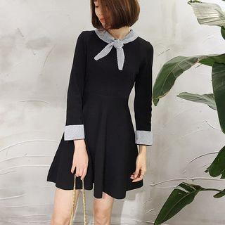 Striped Tie-neck A-line Dress