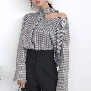 Houndstooth Cold-shoulder Blouse Houndstooth - Black & White - One Size
