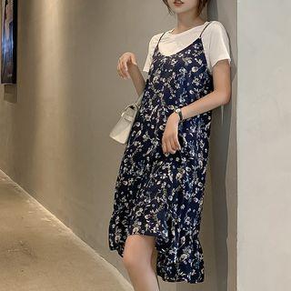 Set: Plain Short-sleeve T-shirt + Flower Print Spaghetti Strap Dress