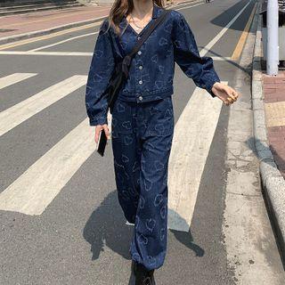Heart Detail Denim Jacket / Wide-leg Jeans