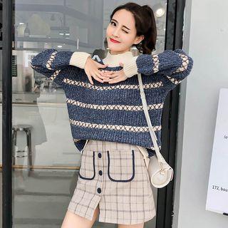 Set: Mock Neck Patterned Sweater + Plaid A-line Skirt