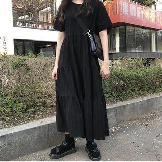 Short-sleeve A-line Midi Dress Black - One Size