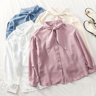 Ribbon-neckline Loose-fit Chiffon Shirt