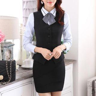 Set: Buttoned Vest + Mini Pencil Skirt + Shirt
