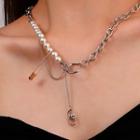 Faux Pearl Safety Pin Necklace 1pc - Silver & White - One Size