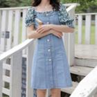 Short-sleeve Floral Panel Denim Dress