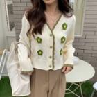 Long-sleeve Lace Trim V-neck Embroidered Knit Cardigan