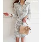 Half-placket Shirred Tweed Bodycon Dress