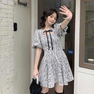 Puff-sleeve Floral Mini A-line Dress Gray Floral - White - One Size