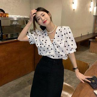 Short-sleeve V-neck Dotted Top / Plain High-waist Midi Skirt