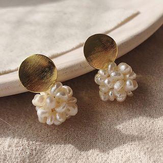 Freshwater Pearl Brush Metal Disc Dangle Earring