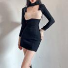 Long Sleeve Square-neck Color-block Mini Bodycon Dress