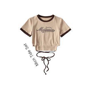 Short-sleeve Tie-waist Lettering Crop Top