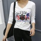 V-neck Printed Distressed T-shirt