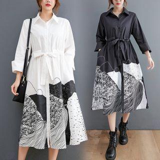 Long-sleeve Printed Sashed Midi Shirt Dress