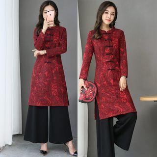 Set: Long-sleeve Floral Qipao Top + Pants