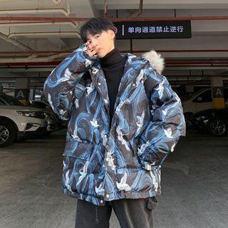 Crane Print Hooded Zip Padded Coat